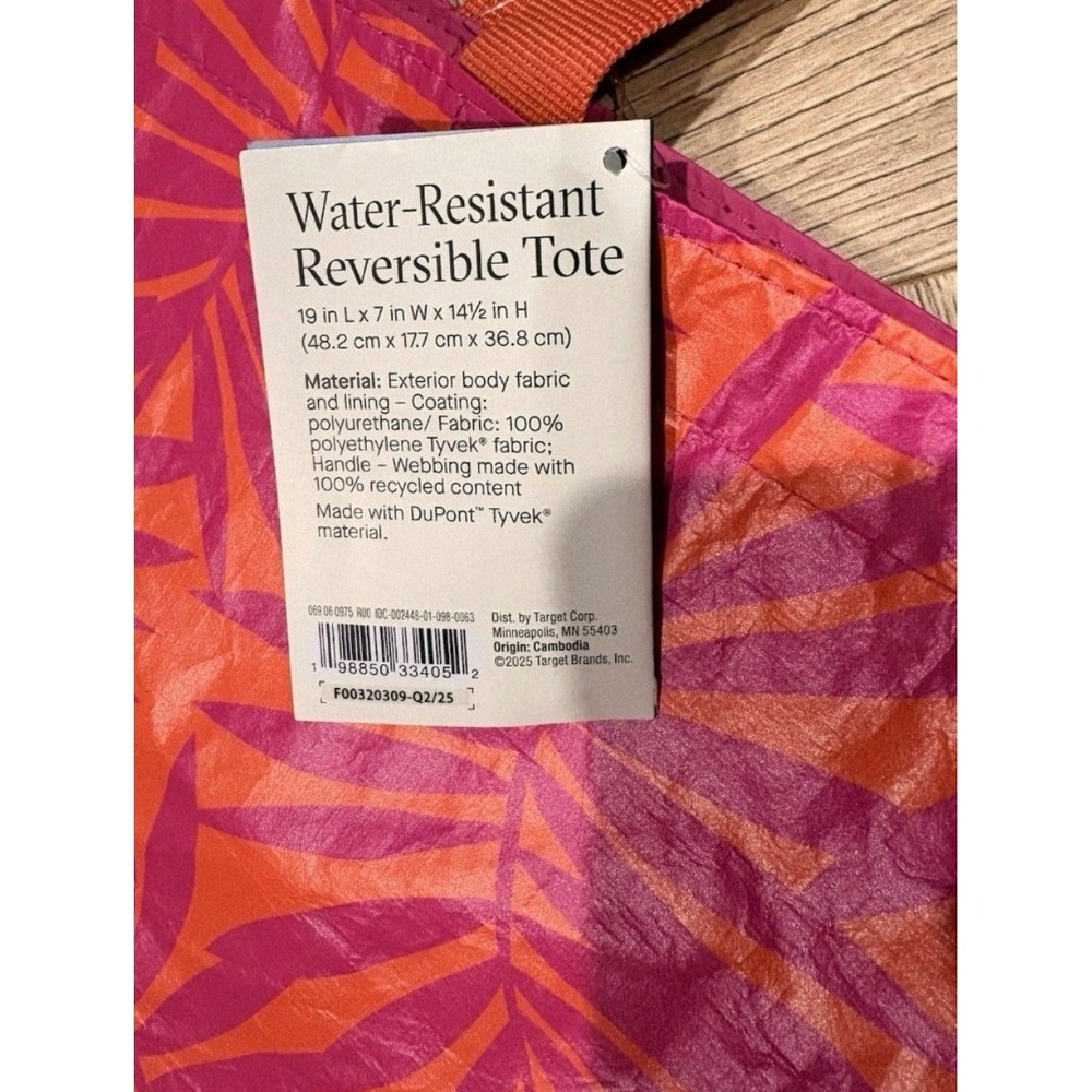 Open Story Pink Orange Palm Reversible Water Resistant Tyvek Tote Bag NEW - Picture 3 of 7